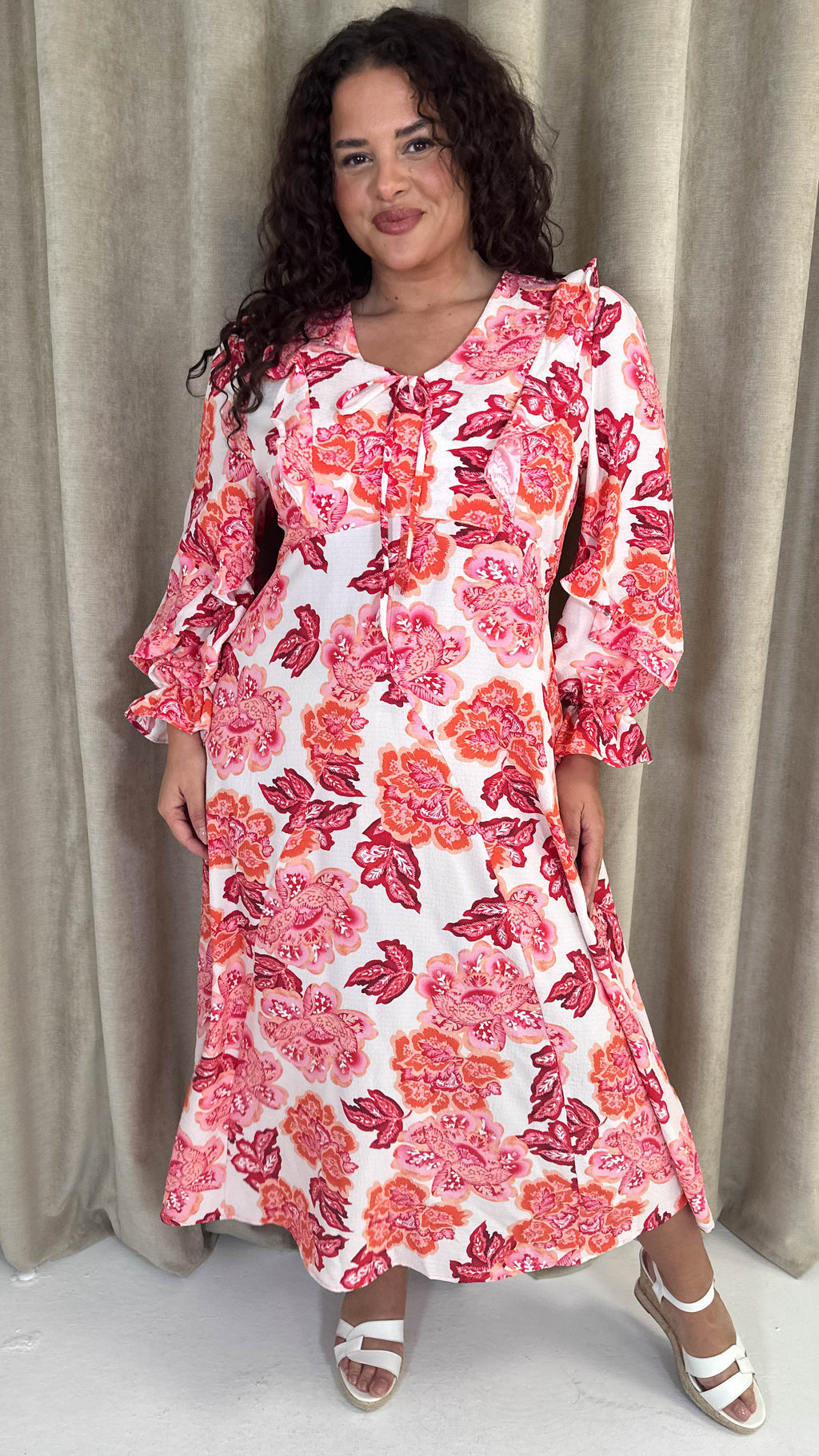 CurveWow Frill Sleeve Maxi Dress Cream & Red Floral