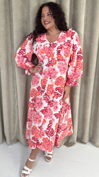 CurveWow Frill Sleeve Maxi Dress Cream & Red Floral