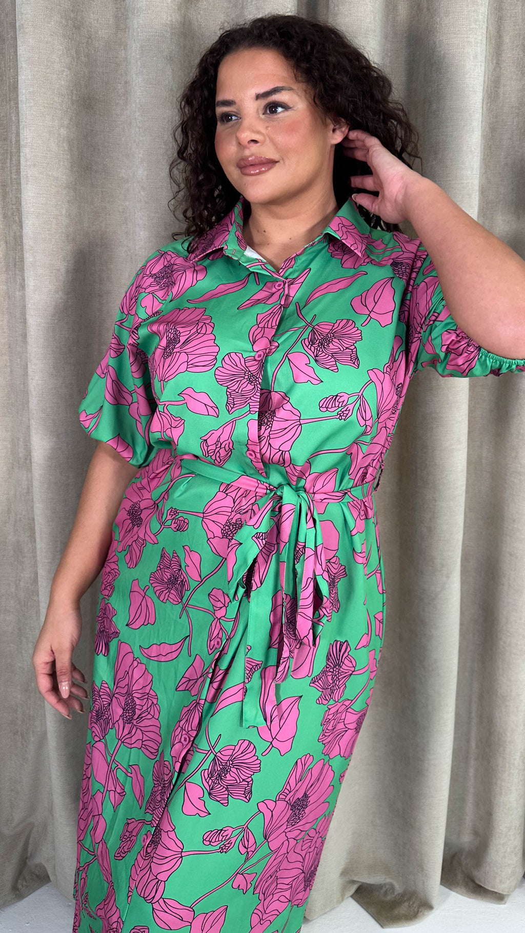 CurveWow Floral Tie Waist Shirt Dress Pink & Green Floral