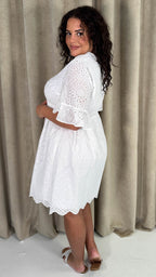 CurveWow Frill Sleeve Broderie Smock Dress White