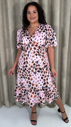 CurveWow Frill Hem Midi Dress Pink Animal