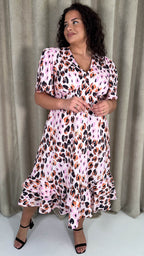 CurveWow Frill Hem Midi Dress Pink Animal