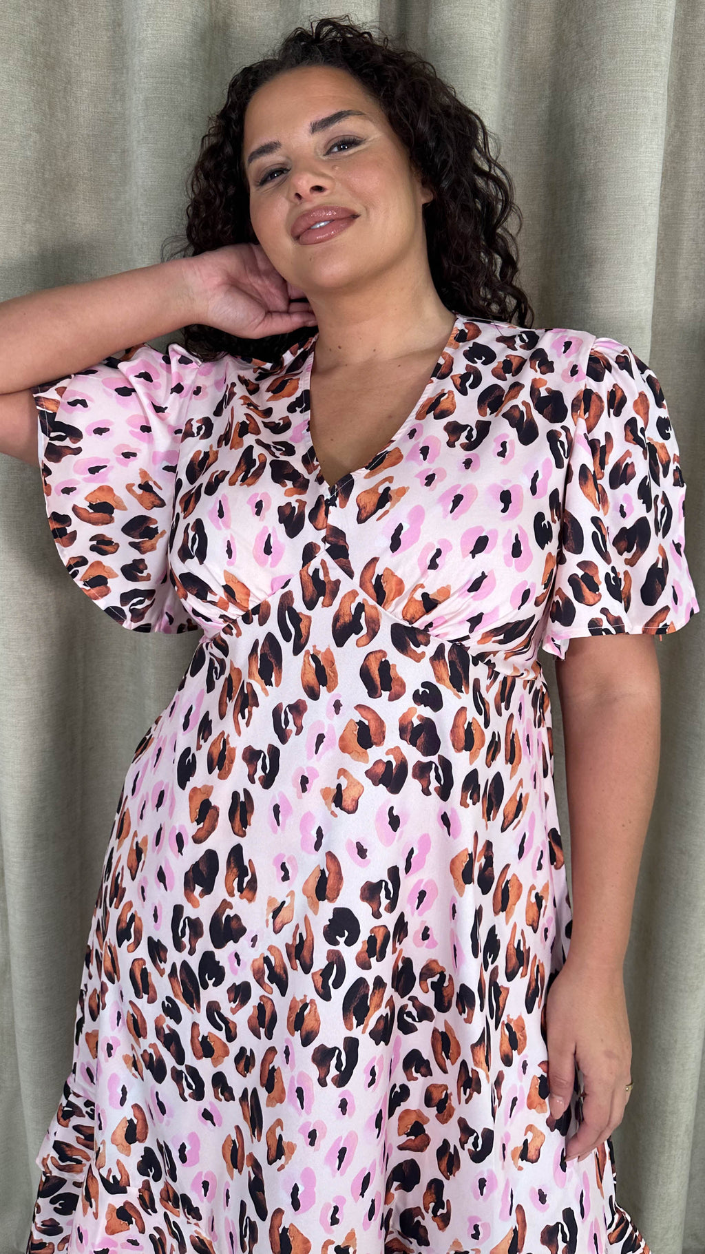 CurveWow Frill Hem Midi Dress Pink Animal