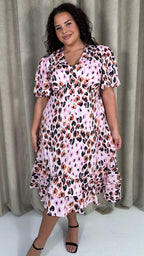 CurveWow Frill Hem Midi Dress Pink Animal