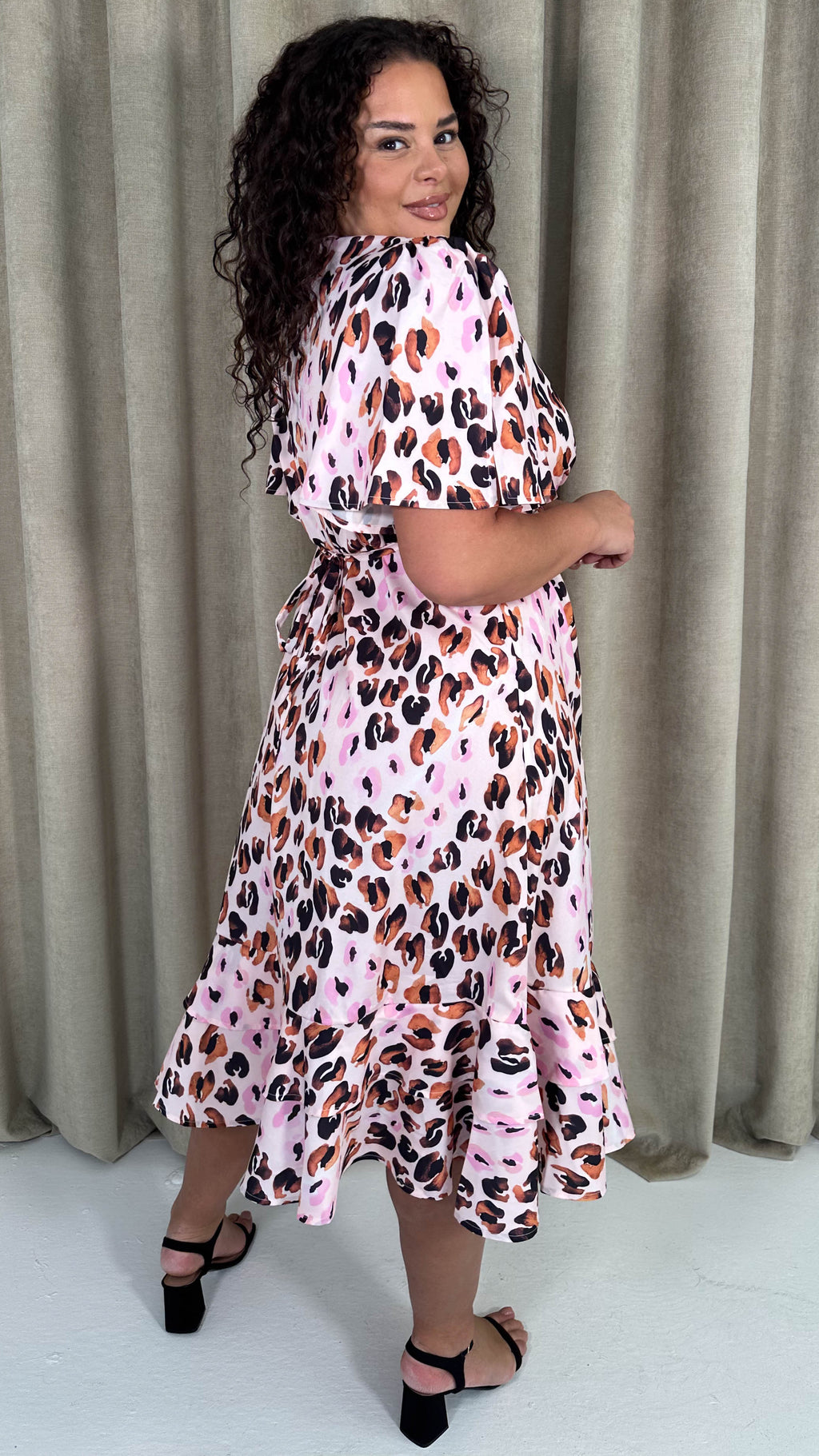 CurveWow Frill Hem Midi Dress Pink Animal