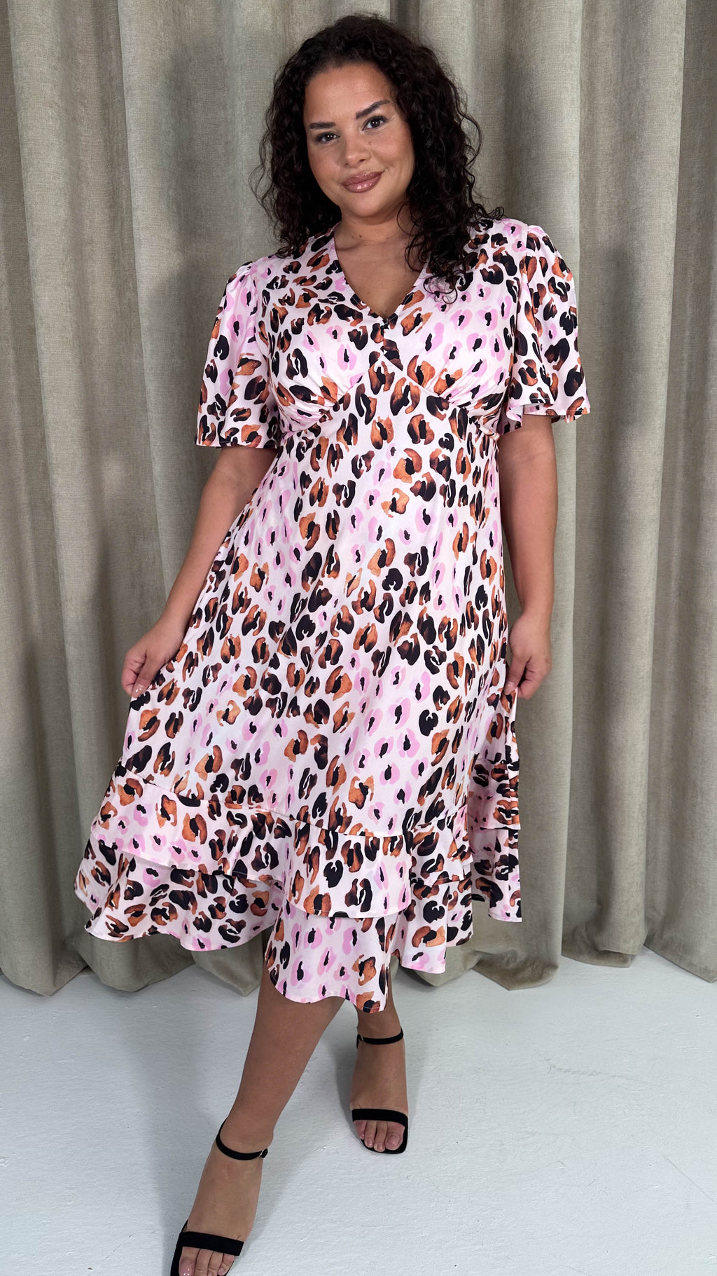 CurveWow Frill Hem Midi Dress Pink Animal