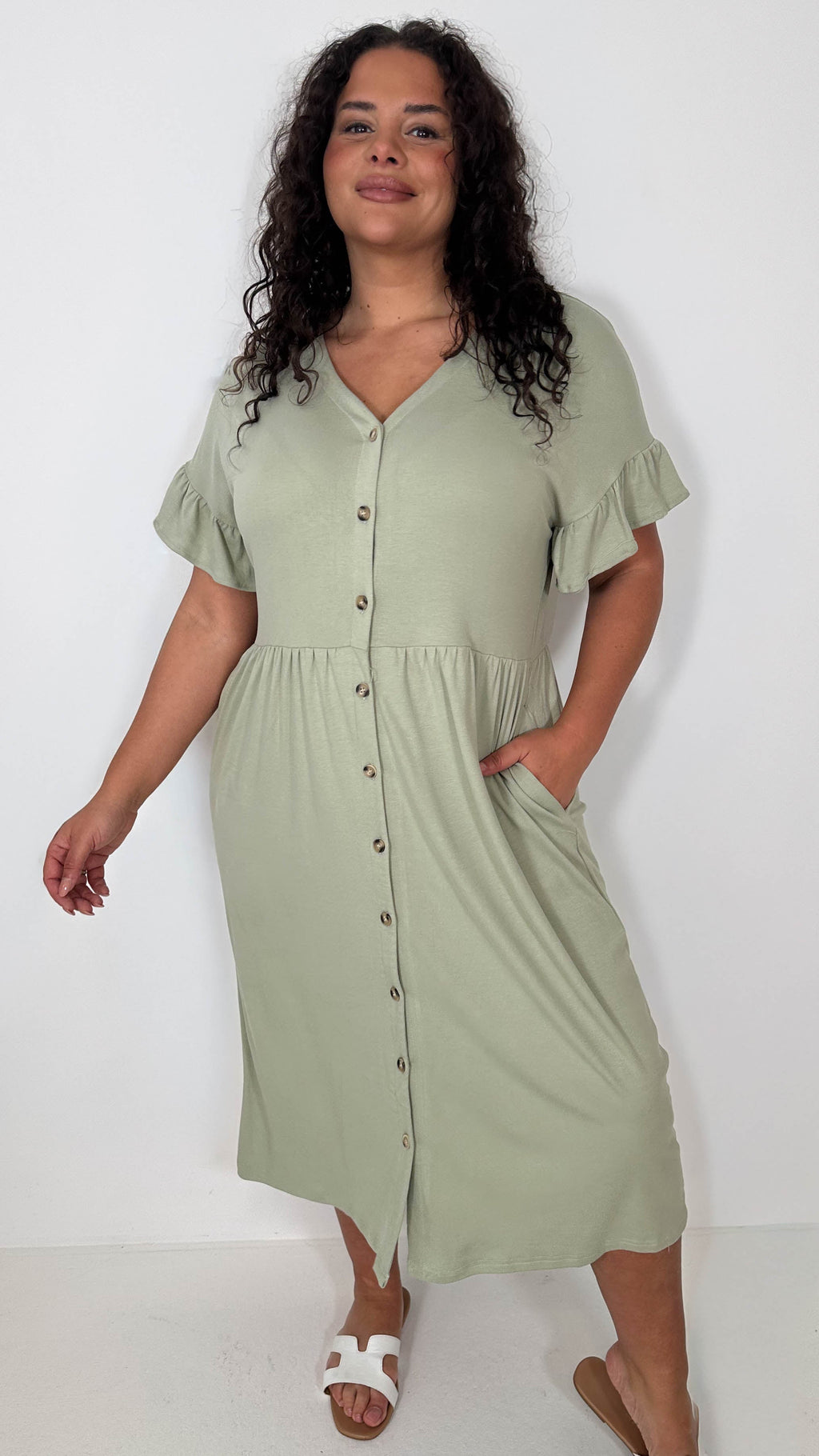 CurveWow Frill Sleeve Button Front Dress Light Khaki