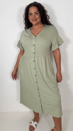 CurveWow Frill Sleeve Button Front Dress Light Khaki