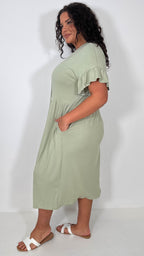 CurveWow Frill Sleeve Button Front Dress Light Khaki