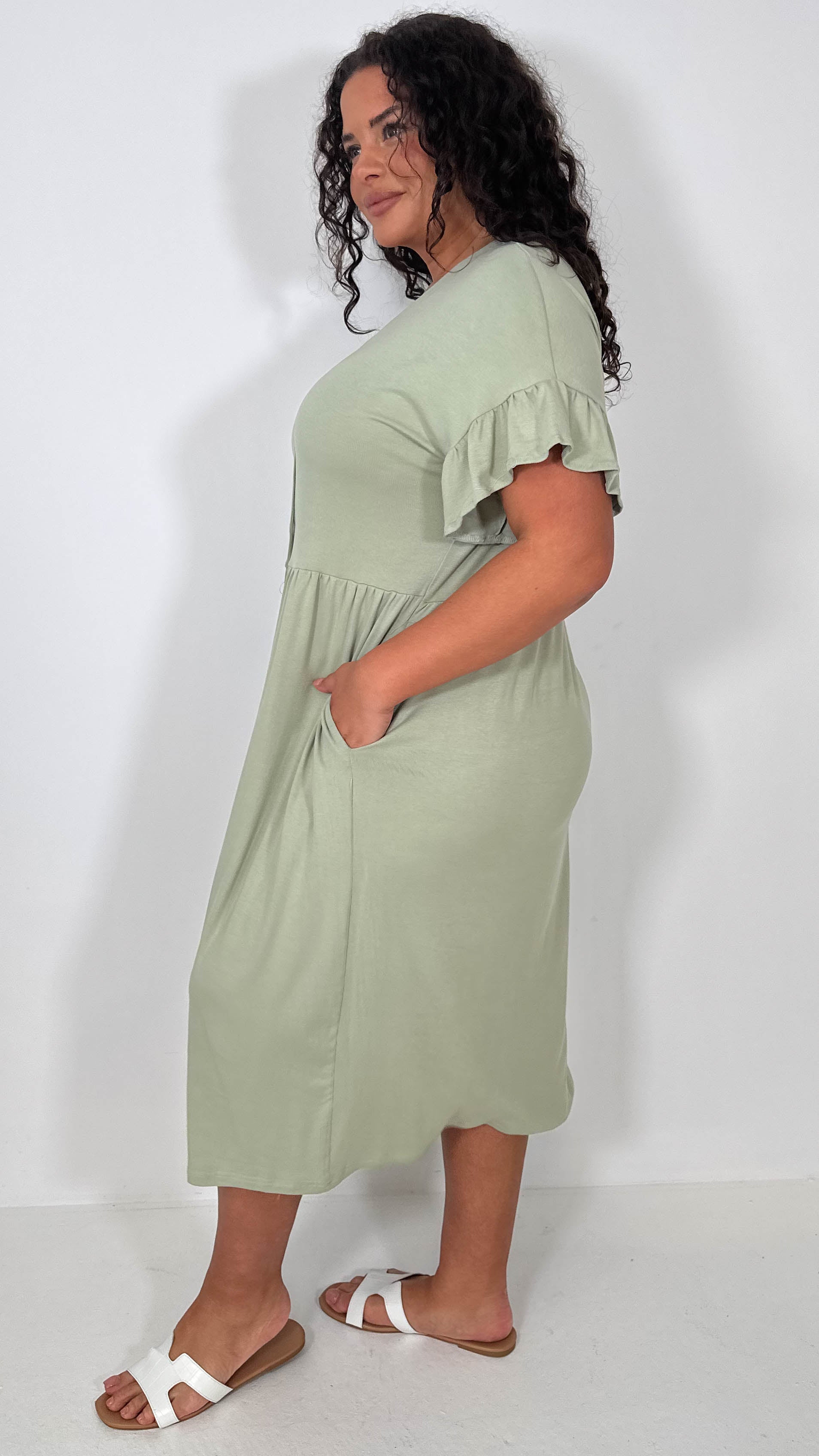 CurveWow Frill Sleeve Button Front Dress Light Khaki