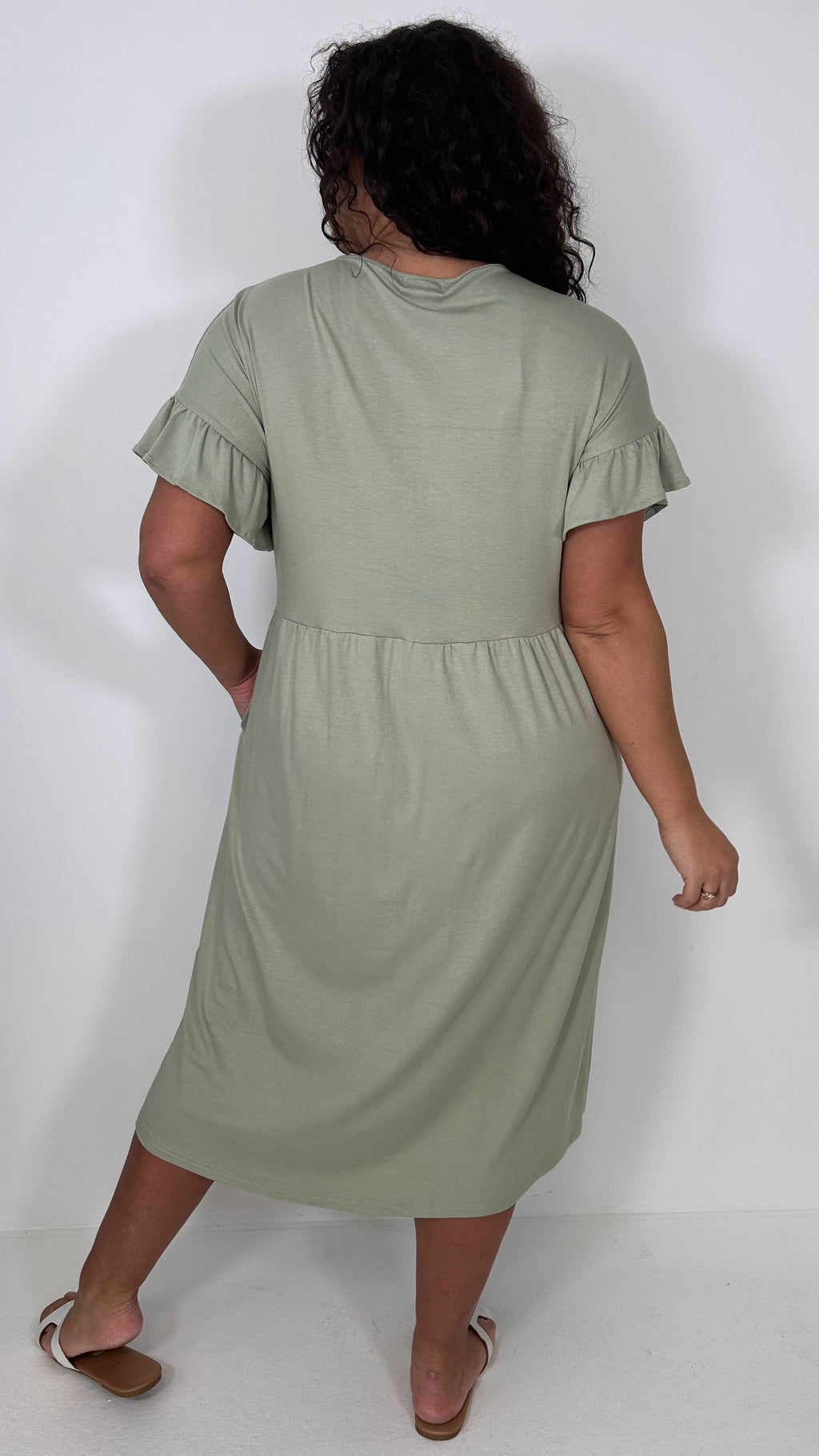 CurveWow Frill Sleeve Button Front Dress Light Khaki