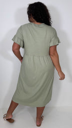 CurveWow Frill Sleeve Button Front Dress Light Khaki