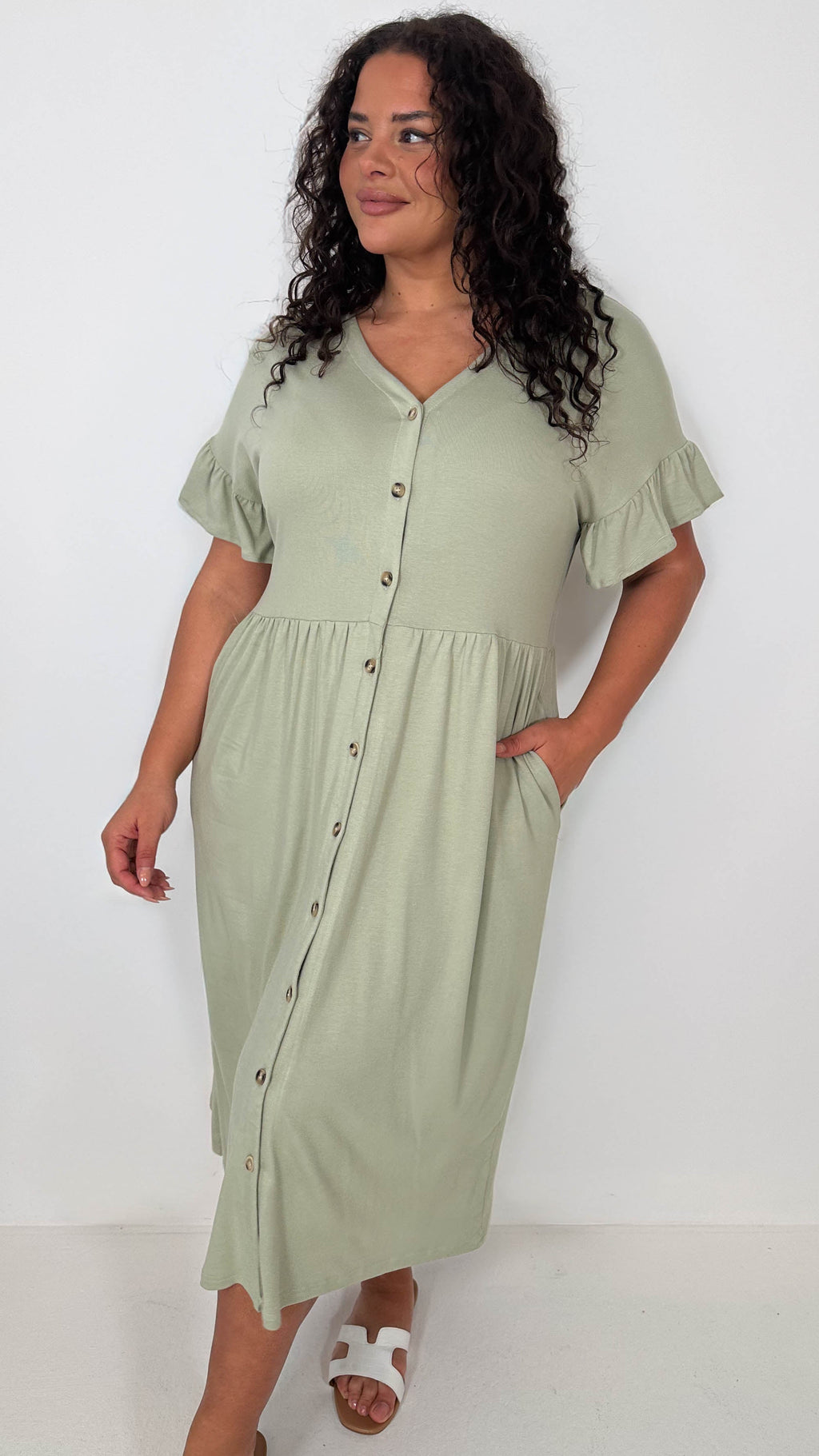 CurveWow Frill Sleeve Button Front Dress Light Khaki