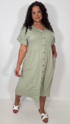 CurveWow Frill Sleeve Button Front Dress Light Khaki