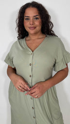 CurveWow Frill Sleeve Button Front Dress Light Khaki