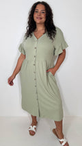 CurveWow Frill Sleeve Button Front Dress Light Khaki