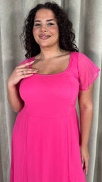 CurveWow Square Neck Tie Back Midi Dress Pink