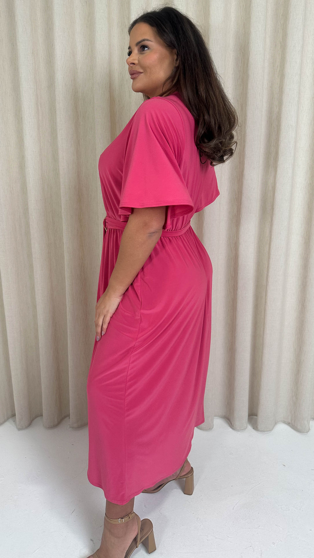 CurveWow D Ring Belted Wrap Dress Pink