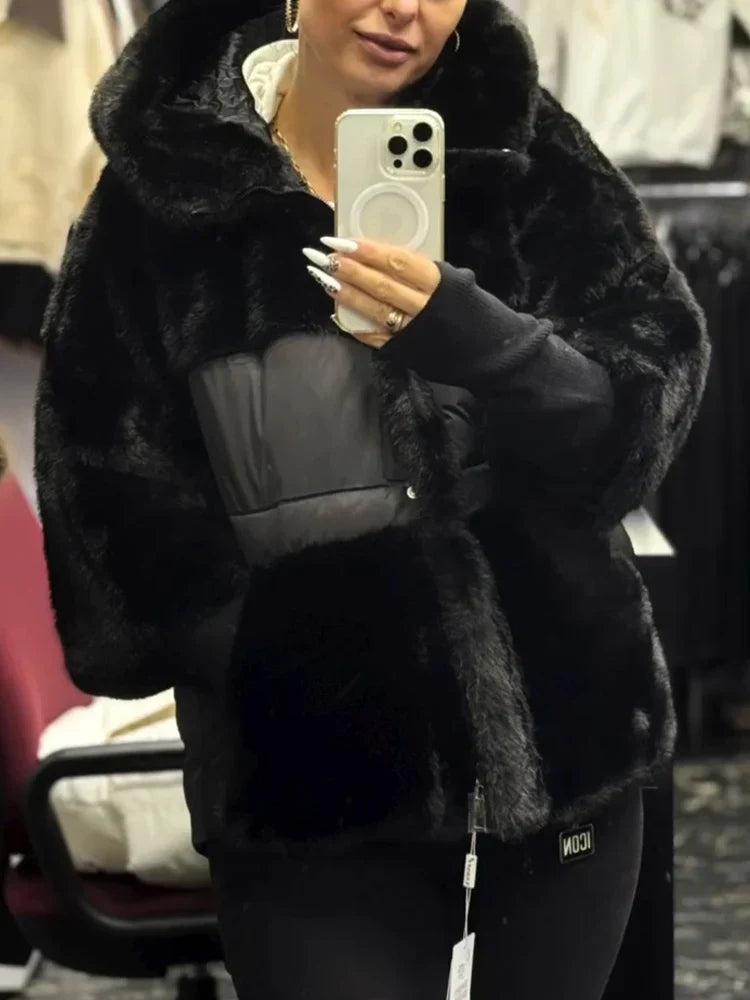 Women Hooded Plush Patchwork Casual Coat