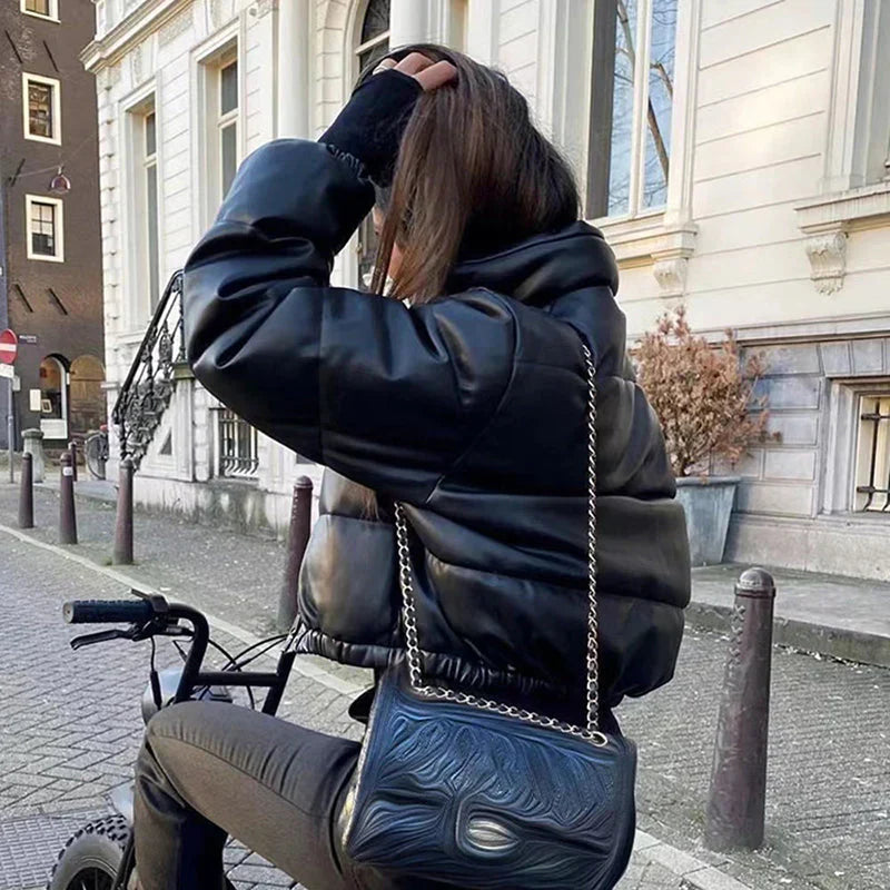 PU leather quilted jacket for women
