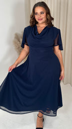 CurveWow Cowl Neck Mesh Angel Sleeve Dress Navy