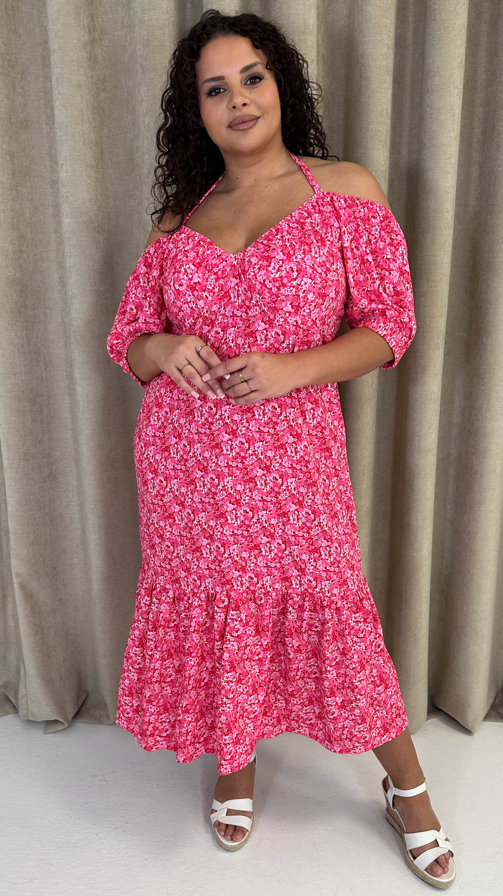 CurveWow Frill Hem Halter Tie Midi Dress Red/Pink Floral