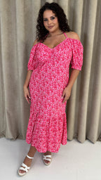 CurveWow Frill Hem Halter Tie Midi Dress Red/Pink Floral
