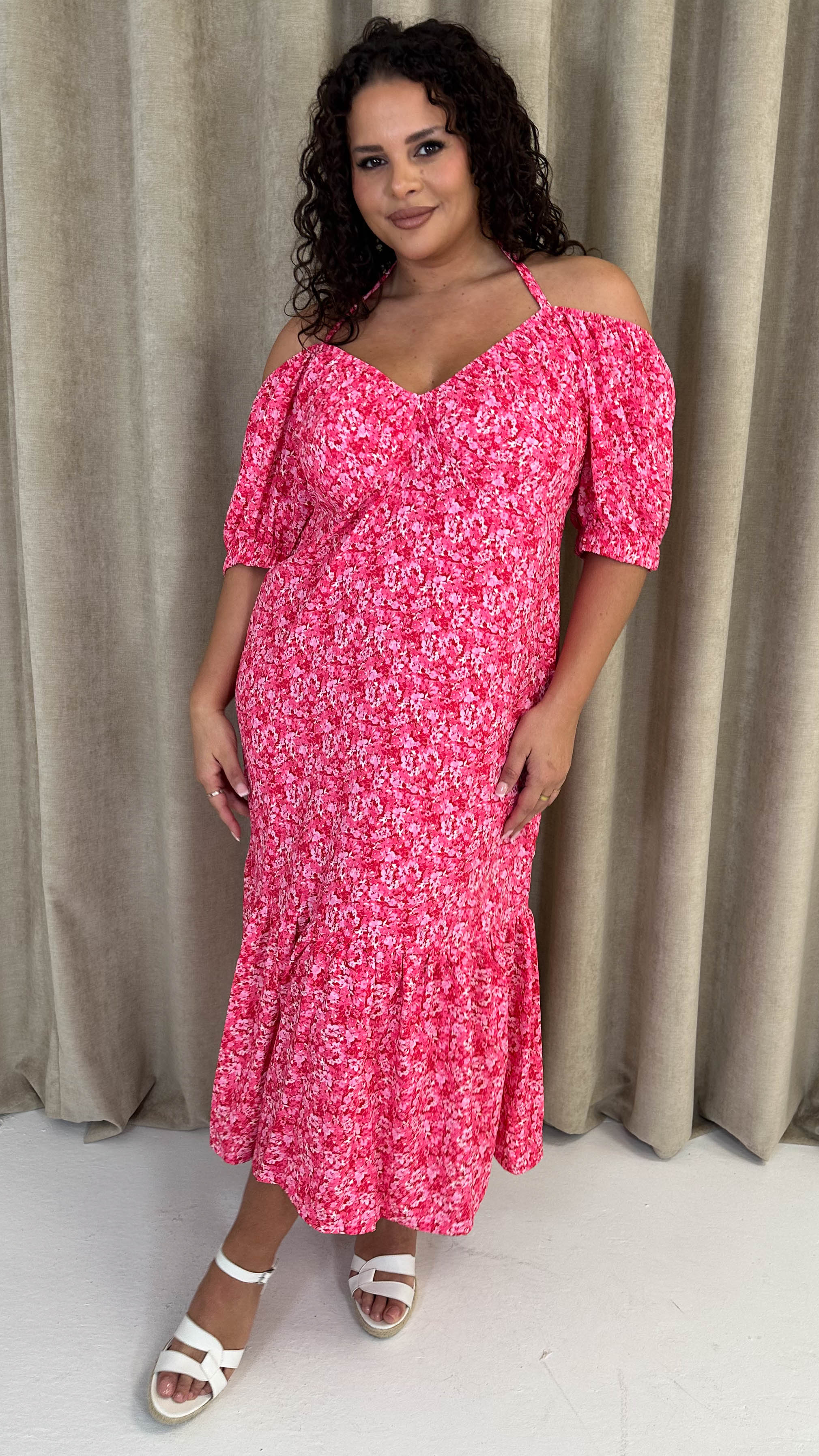 CurveWow Frill Hem Halter Tie Midi Dress Red/Pink Floral
