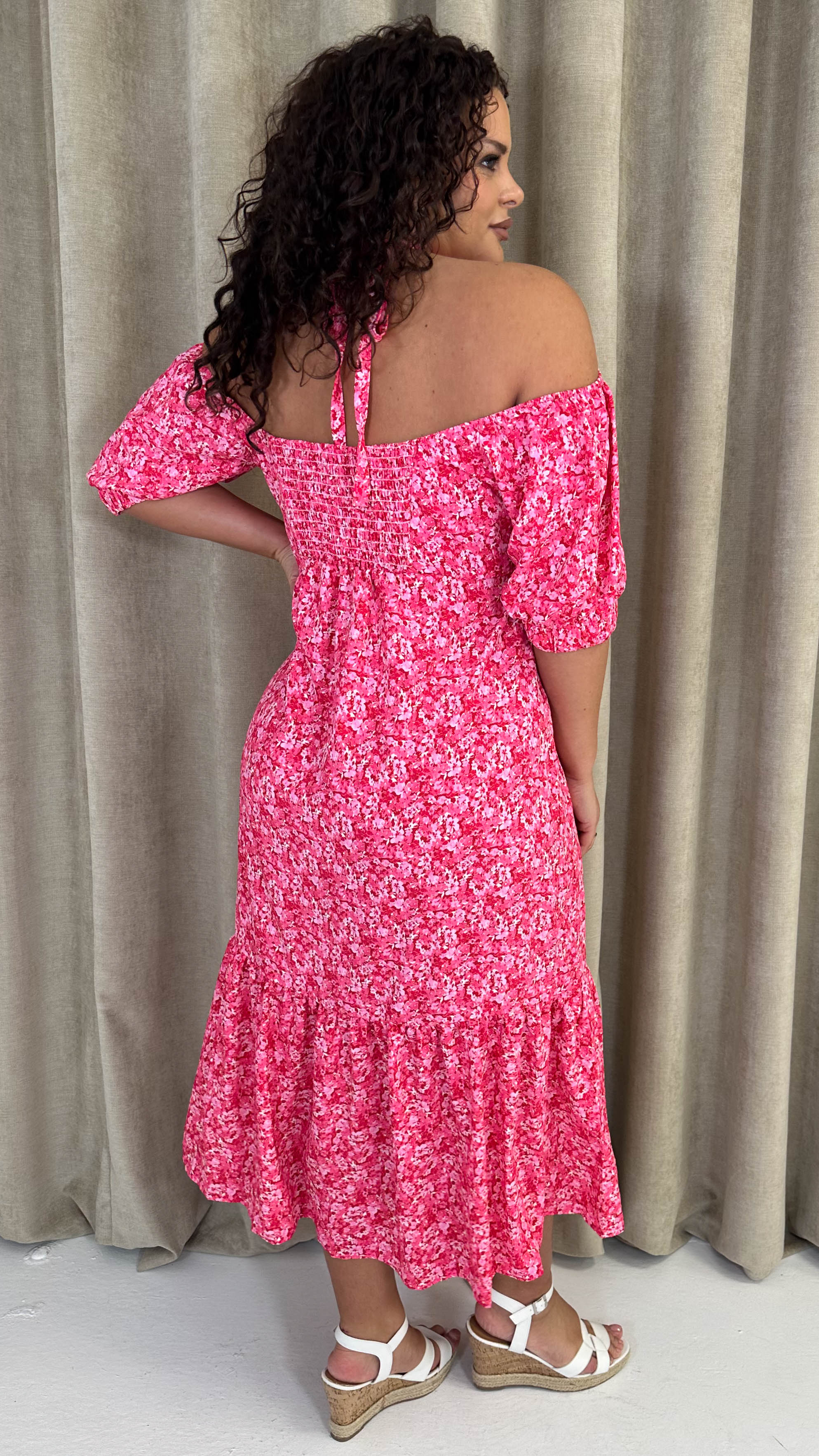 CurveWow Frill Hem Halter Tie Midi Dress Red/Pink Floral