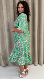CurveWow Wrap Angel Sleeve Trapeze Midi Dress Green Ditsy