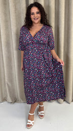 CurveWow Wrap Midi Dress Black Multi Floral