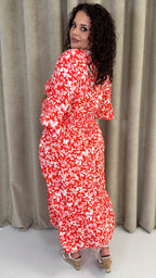 CurveWow Shirred Waist Frill Hem Sleeve Midi Dress Red Floral