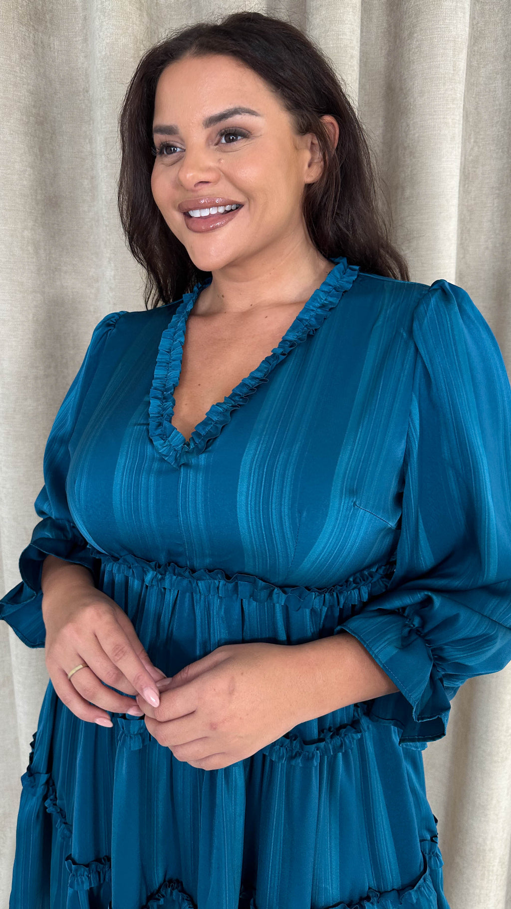 CurveWow Striped Satin Tiered Mini Dress Teal