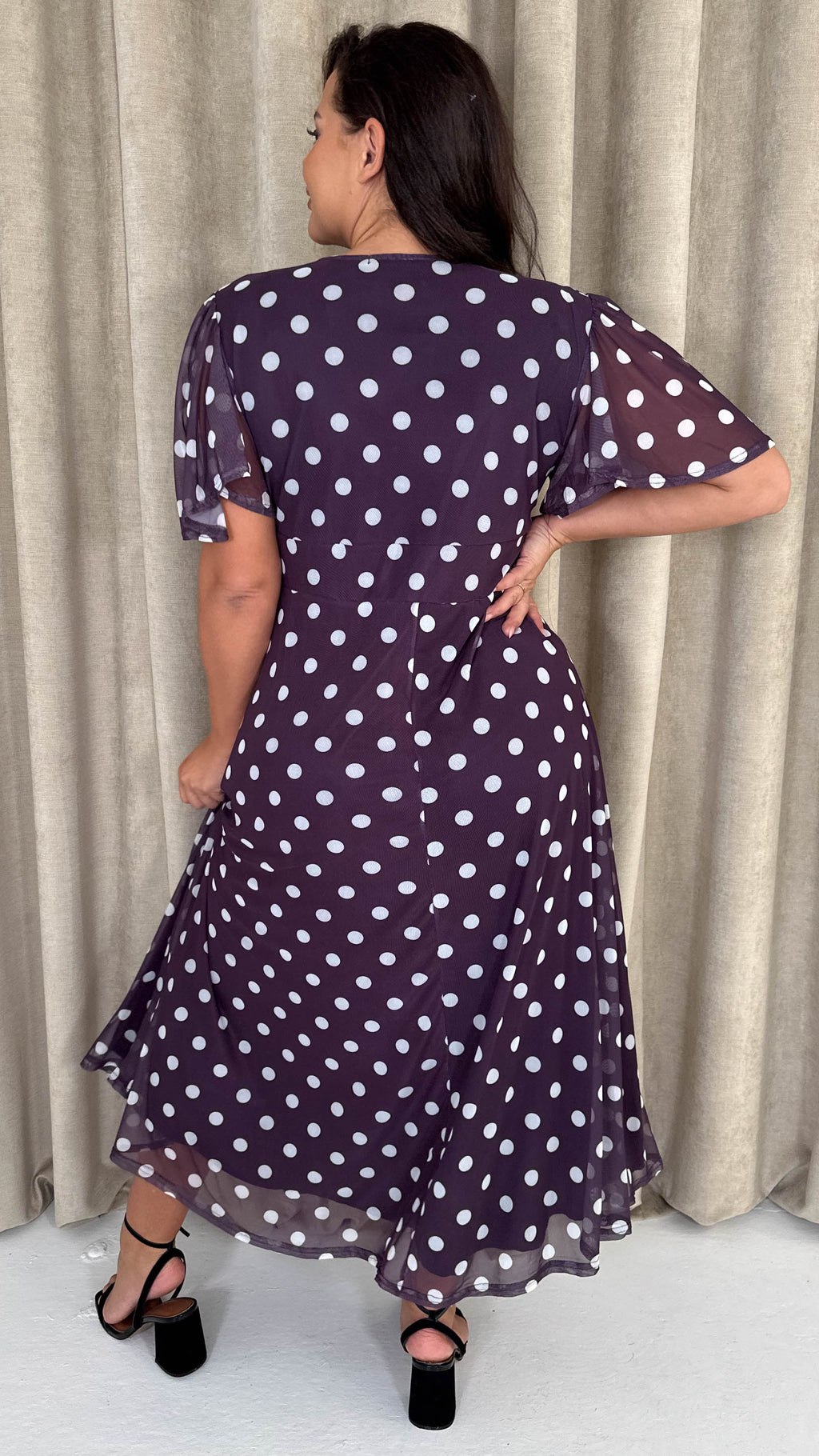 CurveWow Mesh Angel Sleeve Dress Plum Spot