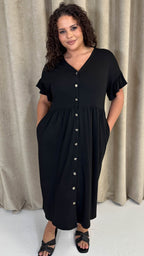 CurveWow Frill Sleeve Button Front Dress Black
