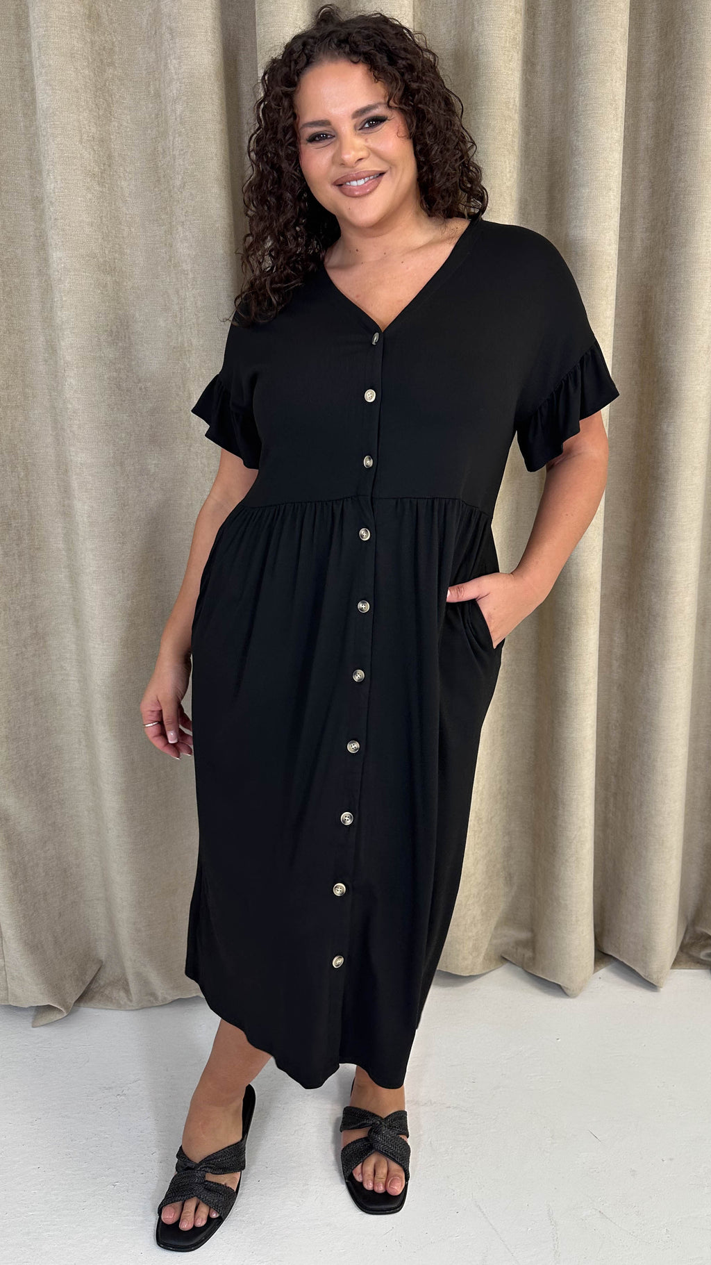 CurveWow Frill Sleeve Button Front Dress Black