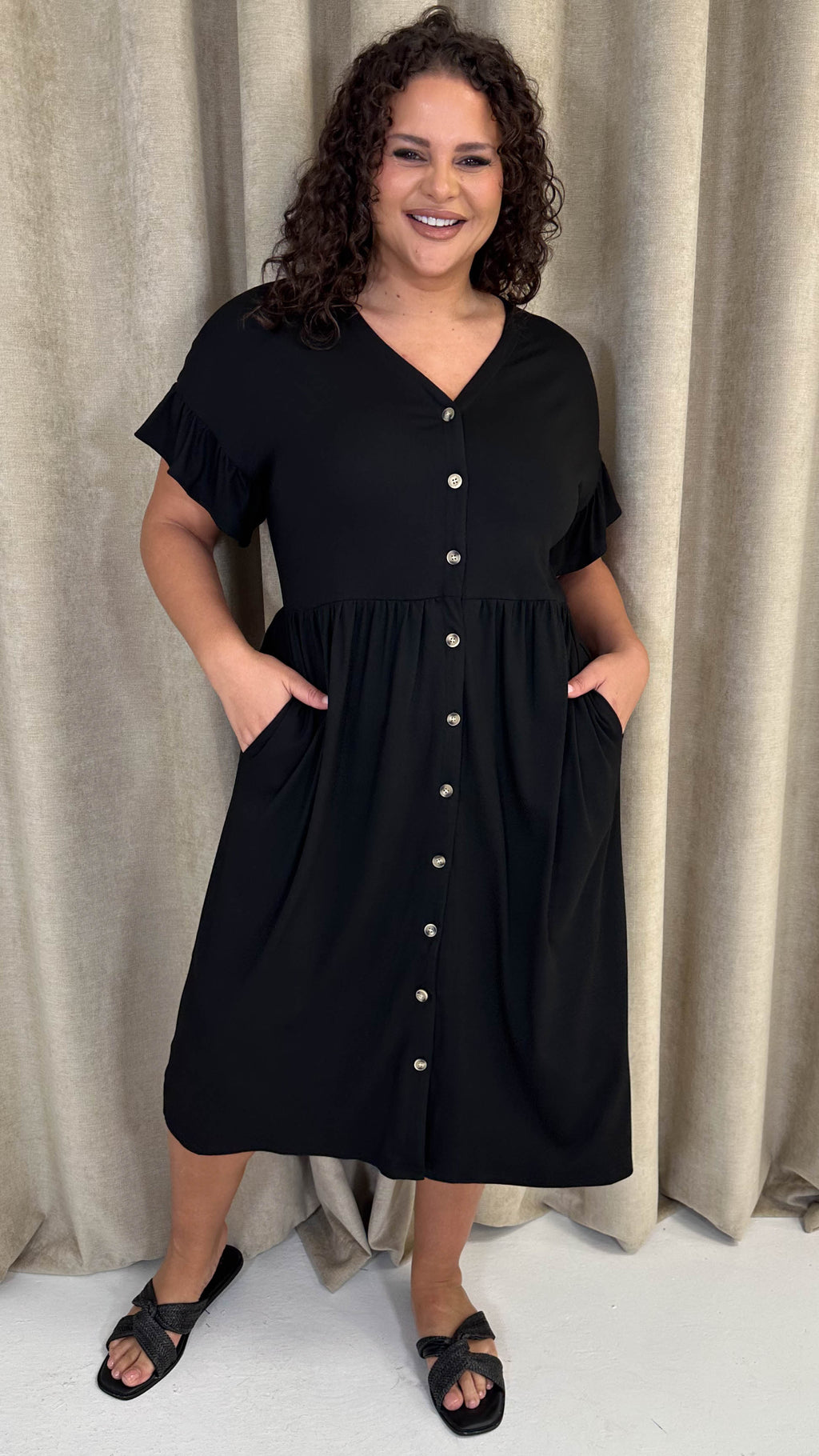 CurveWow Frill Sleeve Button Front Dress Black