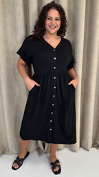 CurveWow Frill Sleeve Button Front Dress Black