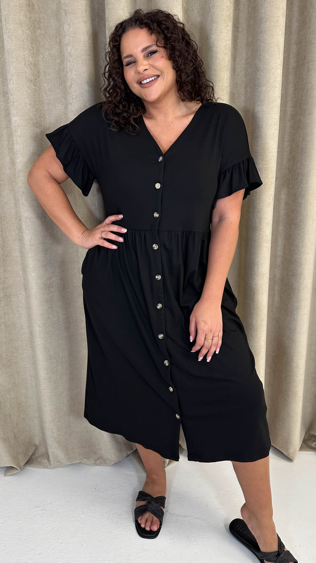CurveWow Frill Sleeve Button Front Dress Black