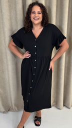 CurveWow Frill Sleeve Button Front Dress Black