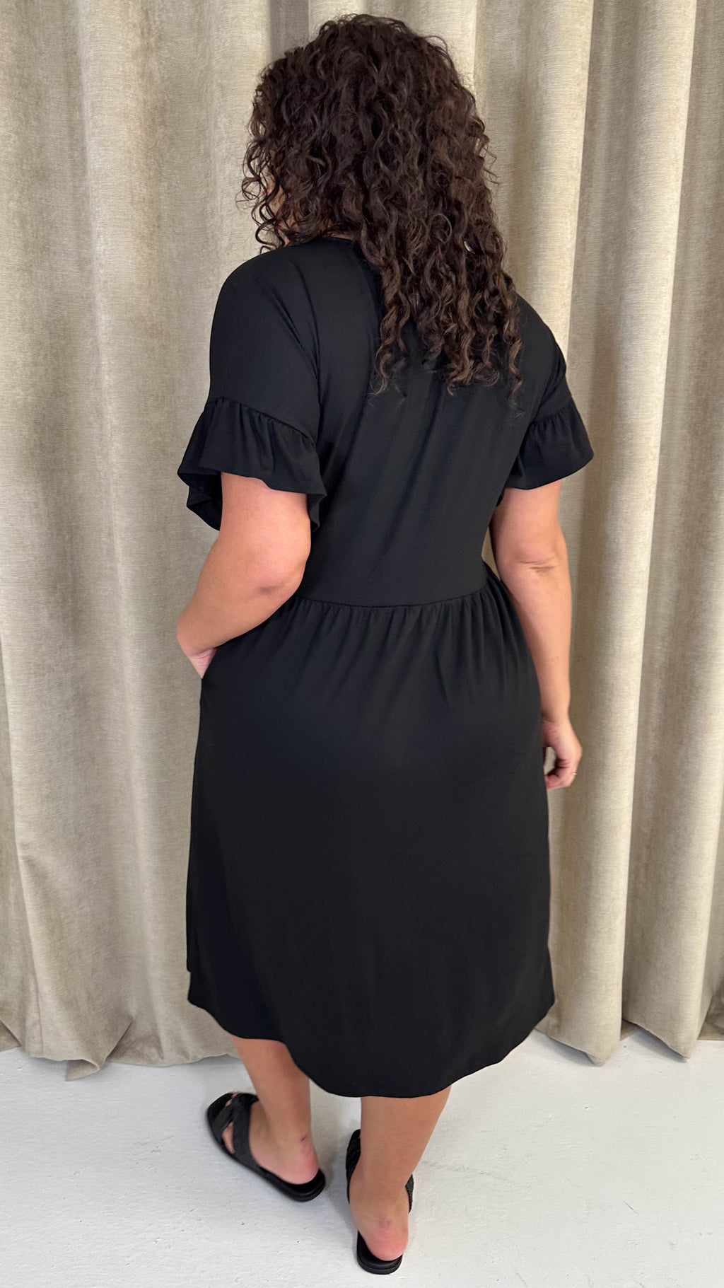 CurveWow Frill Sleeve Button Front Dress Black