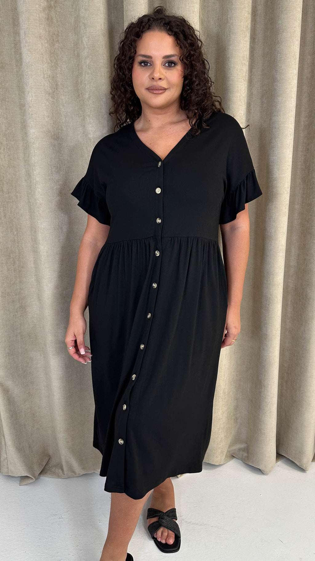 CurveWow Frill Sleeve Button Front Dress Black