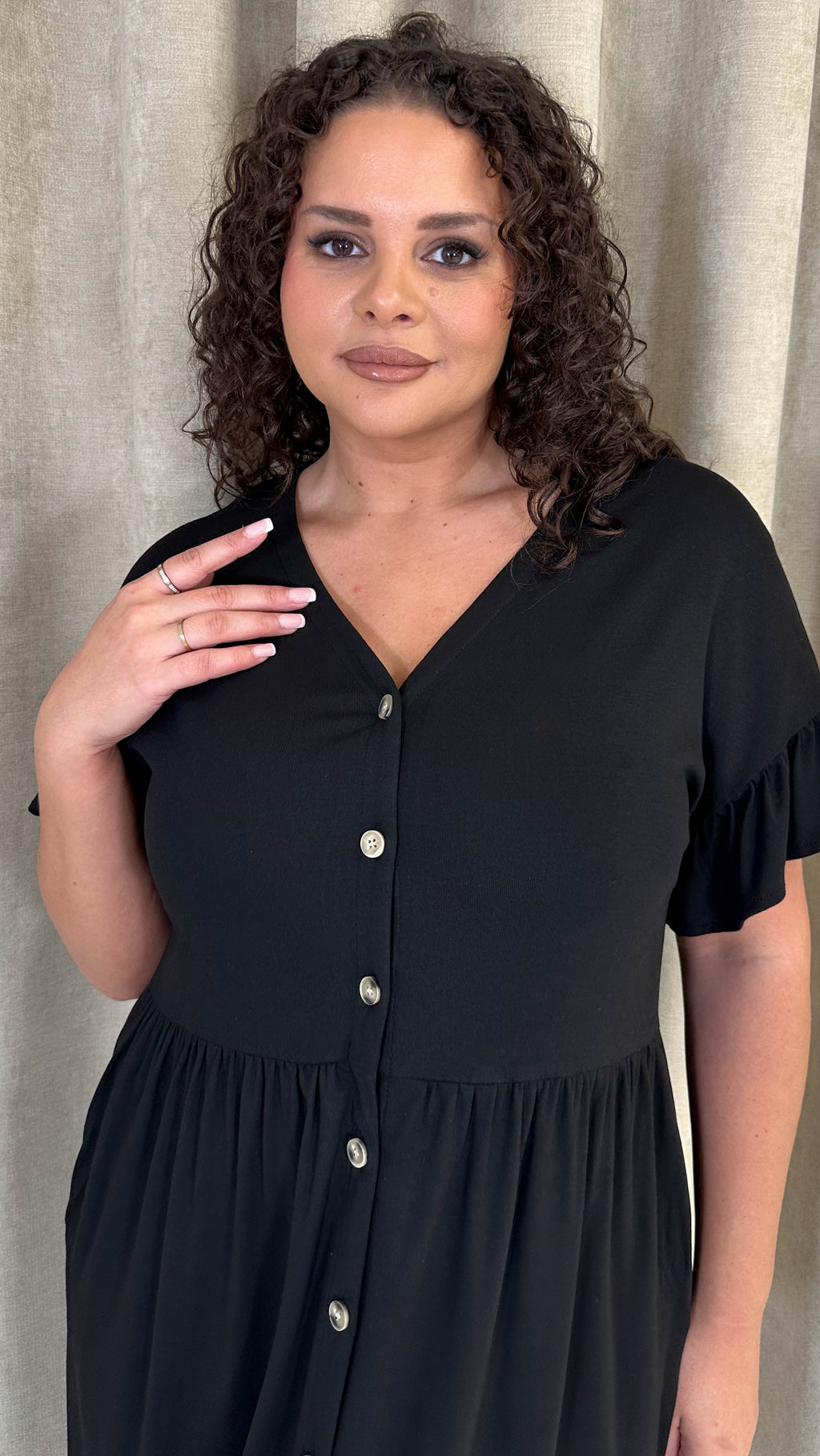 CurveWow Frill Sleeve Button Front Dress Black