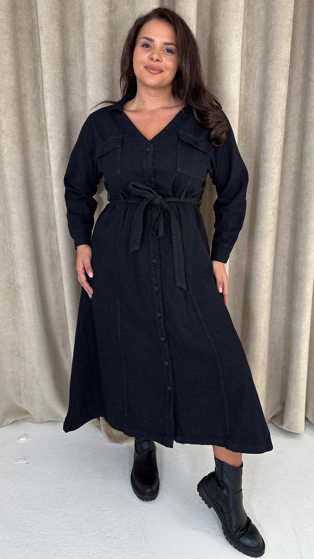 CurveWow Denim Belted Midaxi Shirt Dress Black Wash