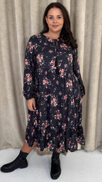 CurveWow Floral Tassel Tiered Dress Black Floral