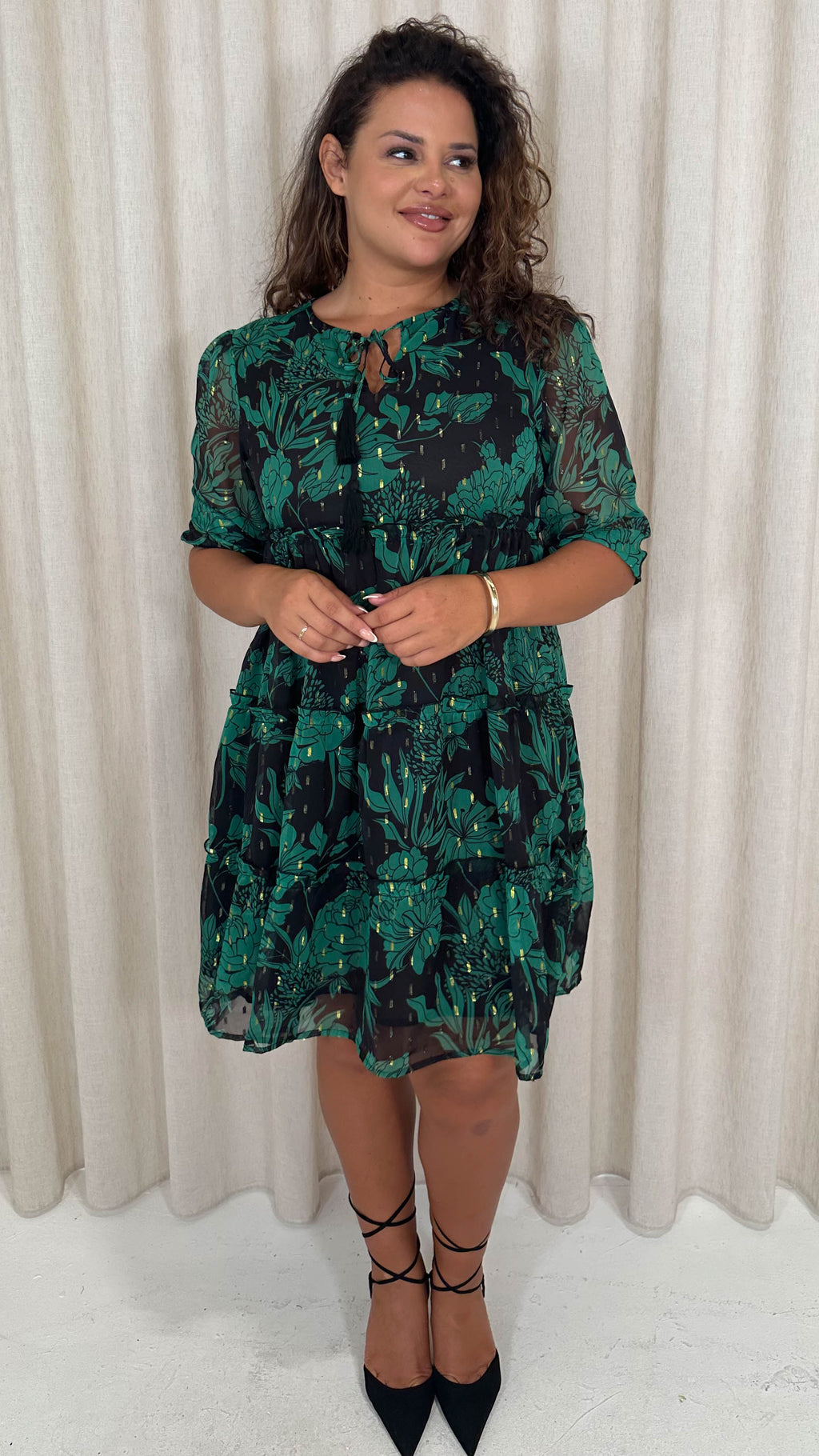 CurveWow Foil Printed Smock Mini Dress Green Floral