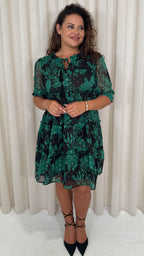 CurveWow Foil Printed Smock Mini Dress Green Floral