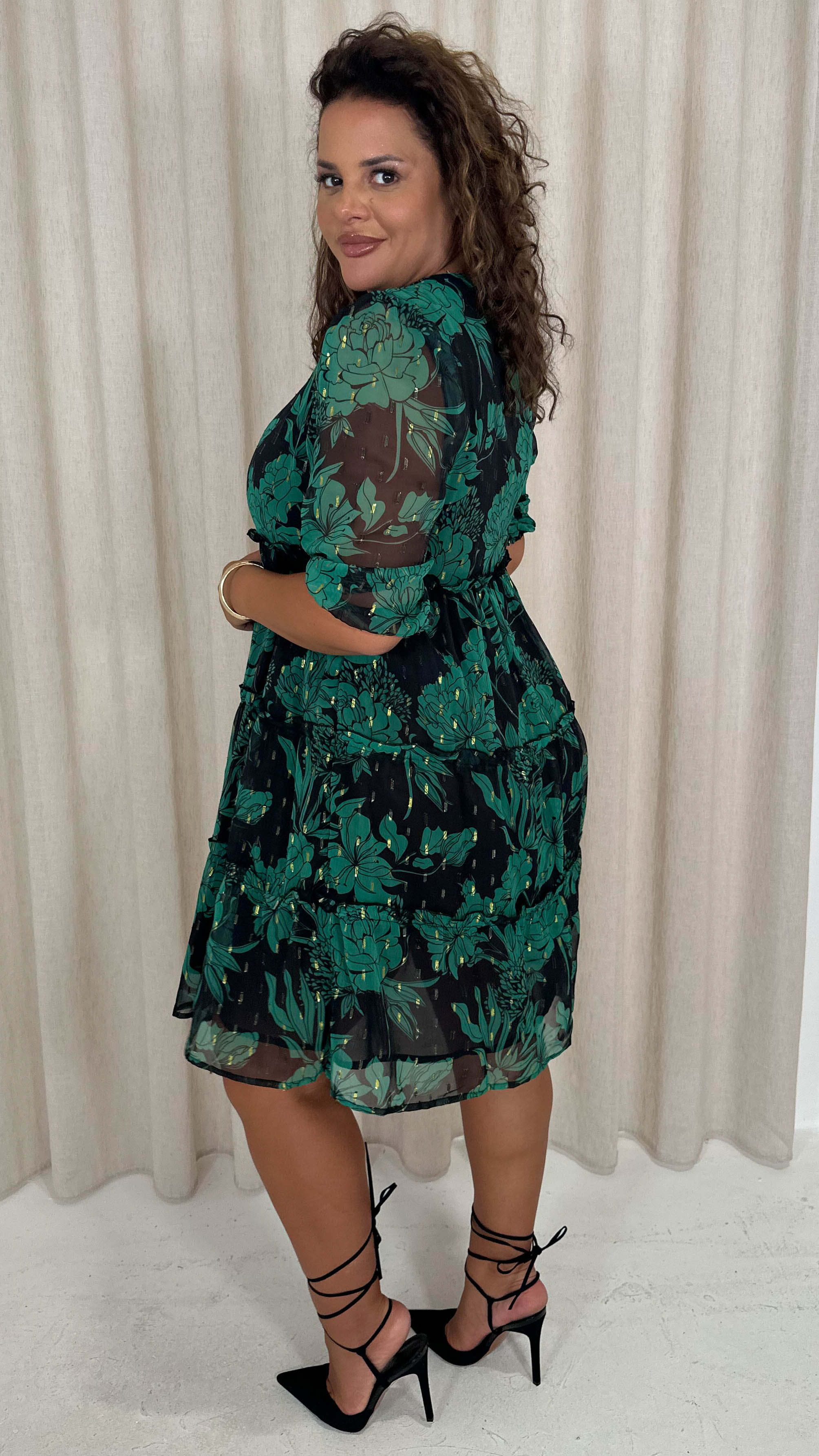 CurveWow Foil Printed Smock Mini Dress Green Floral
