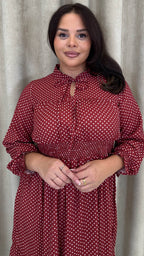 CurveWow Shirred Waist Tie Neck Dress Red Spot