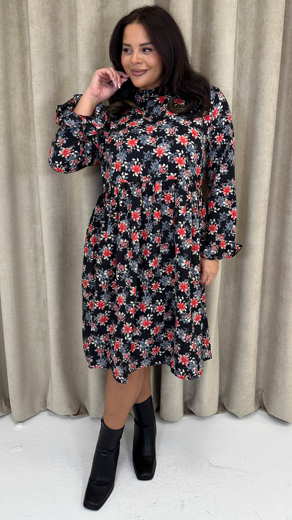 CurveWow High Neck Smock Dress Black Floral